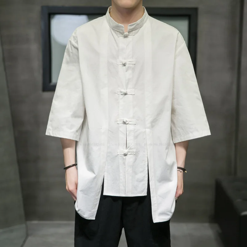

Chinese Style Linen Hanfu Tops Qipao Shirt Men Traditional Clothing Retro Tang Suit Short Sleeve Zen Tea Kung Fu Tai Chi Robes
