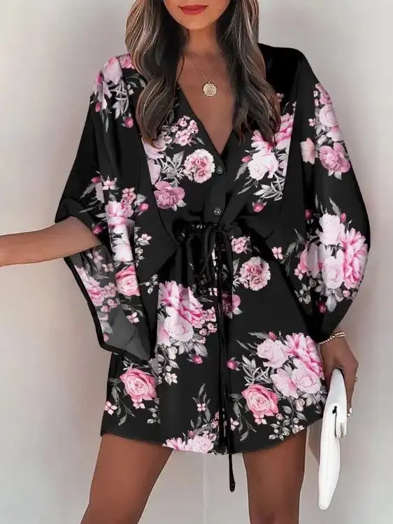 

Chic Vacation Plants V neck Short sleeve Drawstring Summer Vacation Short Dresses