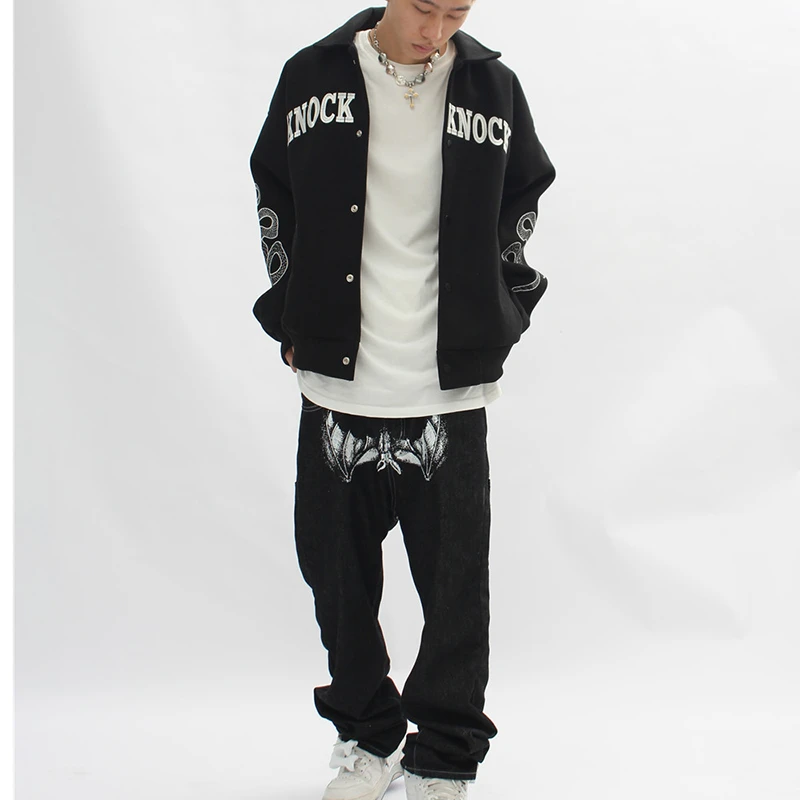 Skull Print Jeans Men High Street Gothic Denim Pants Loose Straight Jean Korea Fashion Streetwear Y2k Man Bottoms Black Clothing