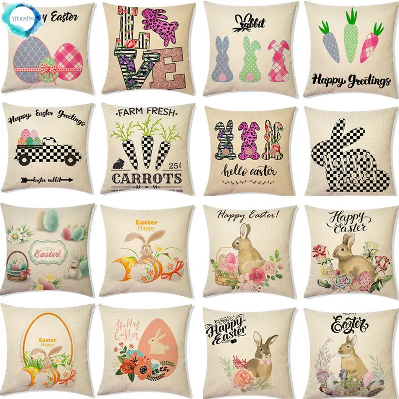 

Happy Easter Rabbit Eggs Linen Pillowcase Home Decor Sofa Cushion Cover Bunny Easter Party Decoration Supplies Favor 45*45CM