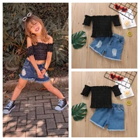baby girls outfit set 2022 summer girls off shoulder and waist folded short sleeved shirt with holes cowboy shorts set