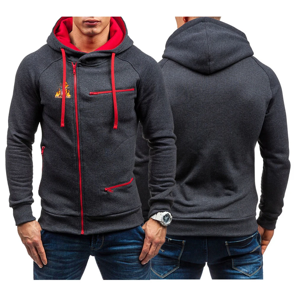 

2022 Men's Mustang Printing Hoodies Fashion Diagonal Zipper Sweatshirts Solid Color Tracksuit Outerwear Tops Clothing