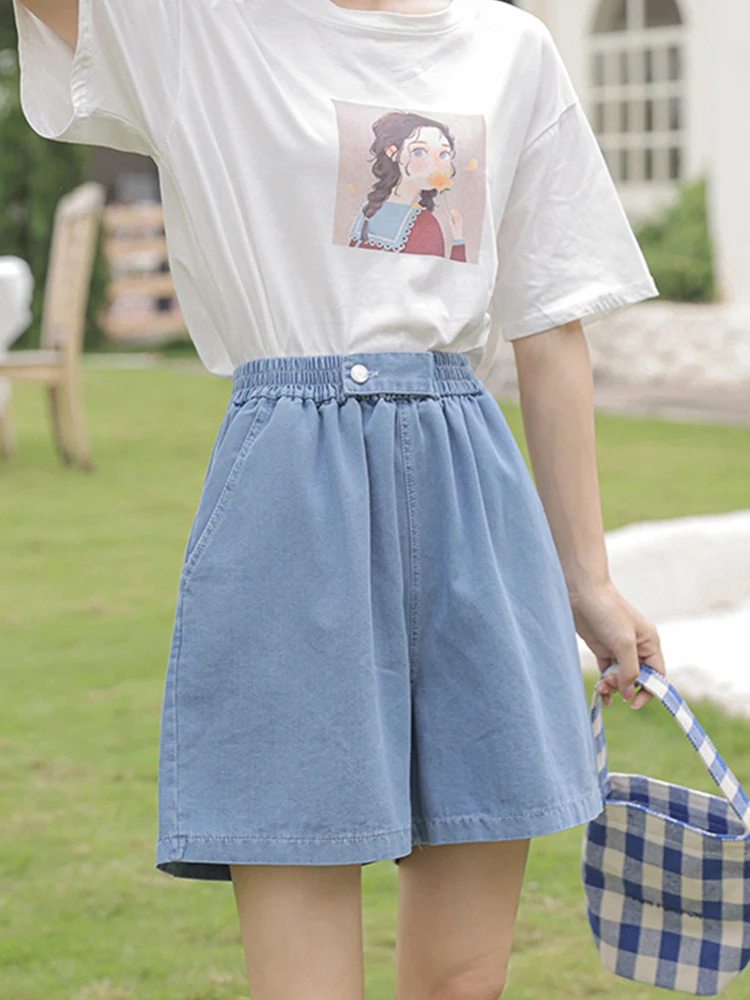 New Spring Summer Women High Waist Loose Retro Denim Shorts Streetwear Female Elastic Button Jeans Shorts Bottoms
