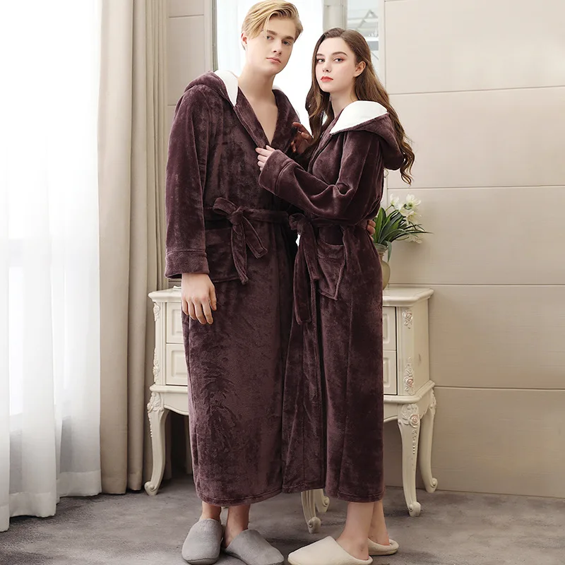 Autumn Winter Couples Hooded Nightgown Pajamas Set Warmth Sleep Top Flannel Robe Bathrobe Pajamas Home Wear Soft Free Shipping