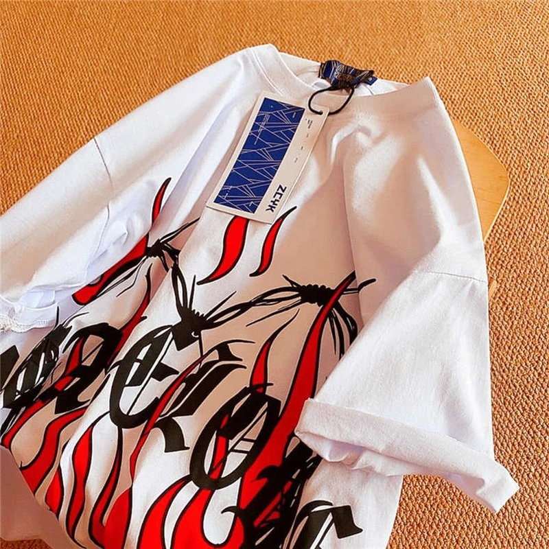 

Women's T Shirt Flame Love Print Short-sleeve Oversized T-shirt Women Loose Casual Tee Shirts Harajuku Streetwear Tops Clothes