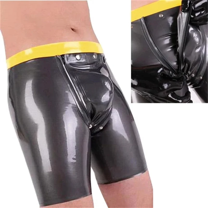 

Men Latex Gummi Boxer Shorts with Codpiece Rubber Underwear Black with Yellow 0.4mm Customized