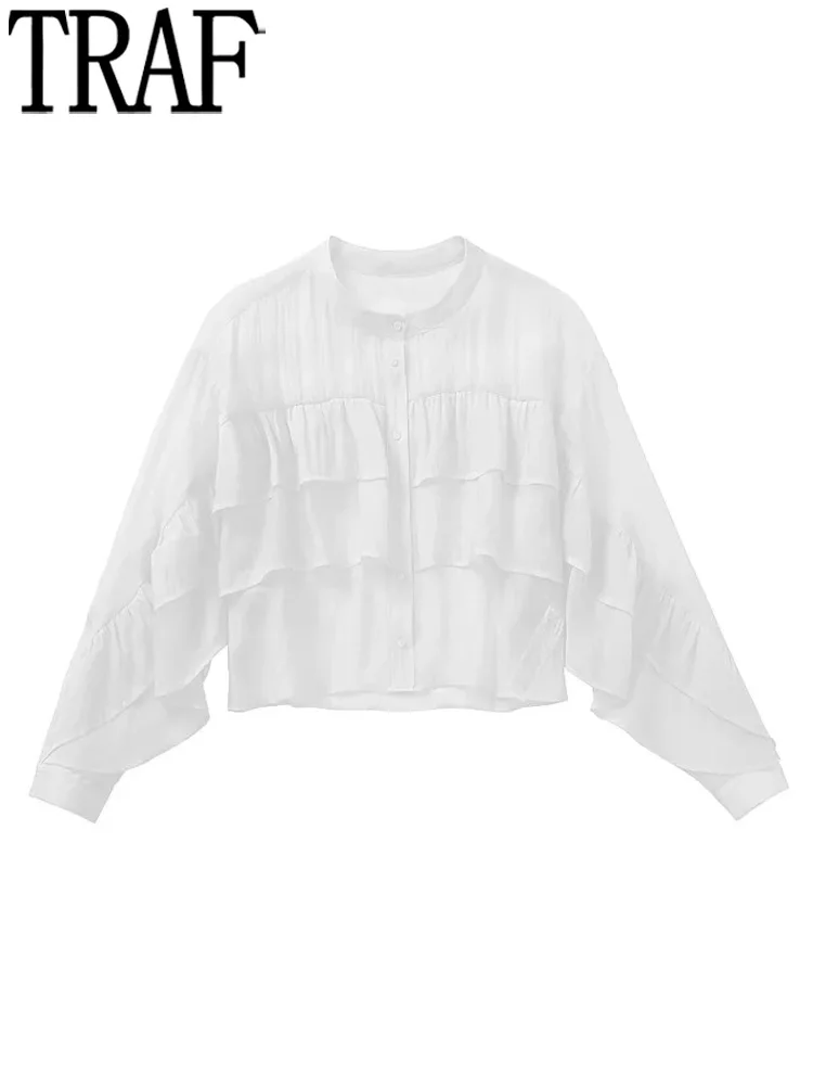 

TRAF Summer Ruffle Top With Puffy Sleeves Woman Shirt 2022 Women's Elegant Long Sleeve Blouses Fashion Chic White Chiffon blouse