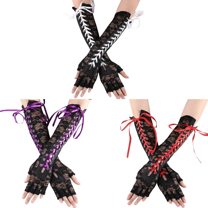 

Lace Up Fingerless Long Glove Sexy Flower Lace Punk Gloves Half Finger Elbow Length Gloves Breathable Floral Lace Gloves