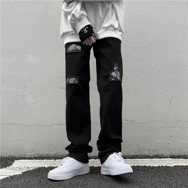Retro Cashew Nut Flower Jeans High Street Black Hole Straight Small Feet Hiphop Trousers Men's and Women's Tide