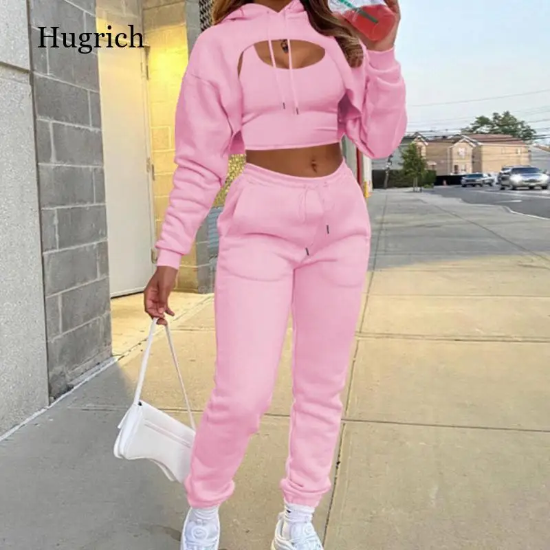 

Autumn Fleece Pink 3 Three Piece Sets Tracksuit Women Outfits Sweatsuits Long Sleeve Hoodies Crop Top And Pants Sets Suit