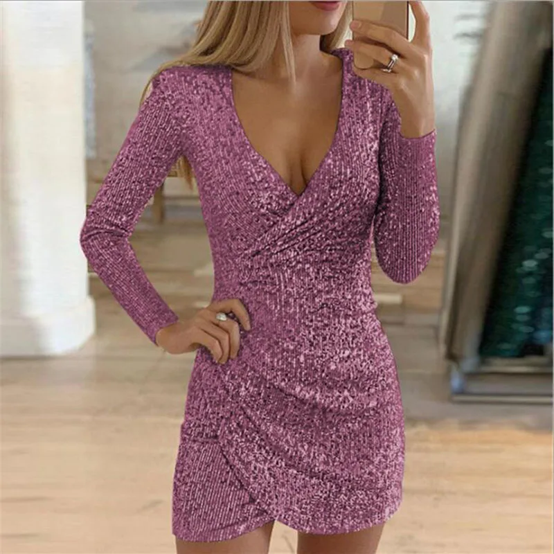 

New Autumn Sexy V-Neck Wrap Hip Irregular Short Dress Sequin Dress