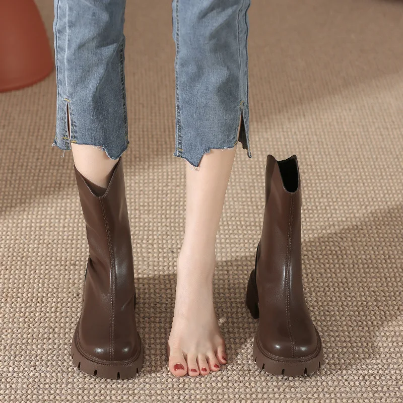 

Новинка Осень-зима 2022, рыцарские Ботинки, Ботильоны на толстом каблуке с круглым носком, обтягивающие модные настоящие искусственные ботинки