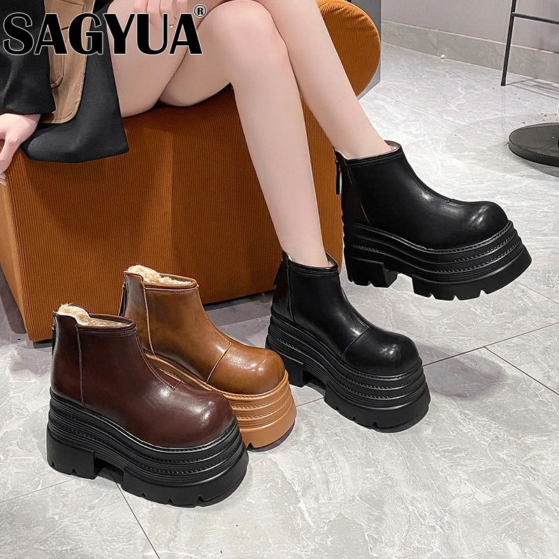 Женские зимние ботильоны на платформе кожаная обувь высоком каблуке новинка