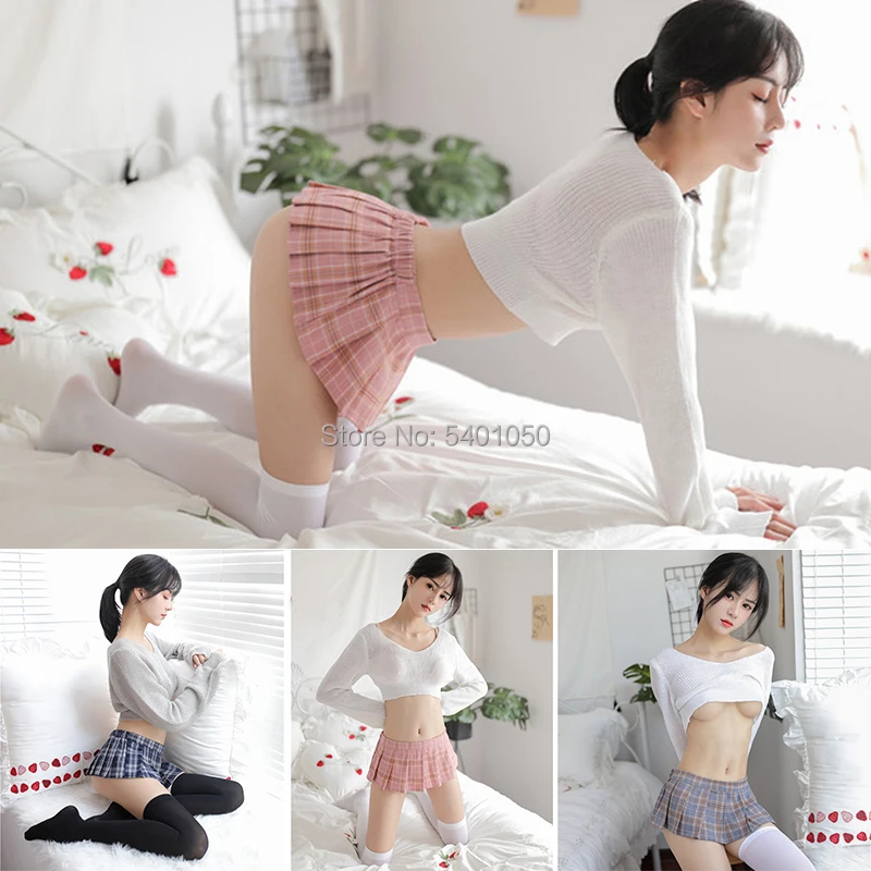 Summer New v neck Long Sleeve Virgin Killer Sweater Japanes Knitted Sexy backless Women Sweaters Pullovers And plaid skirt | Женская