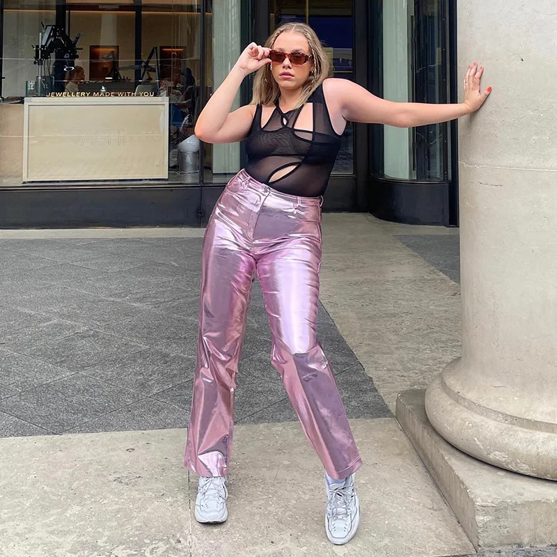 

Women's Autumn Fashion Shiny Pu Leather Pocket Zipper Loose Casual High Waist Button Straight Trousers Y2K Clothes Street Wear