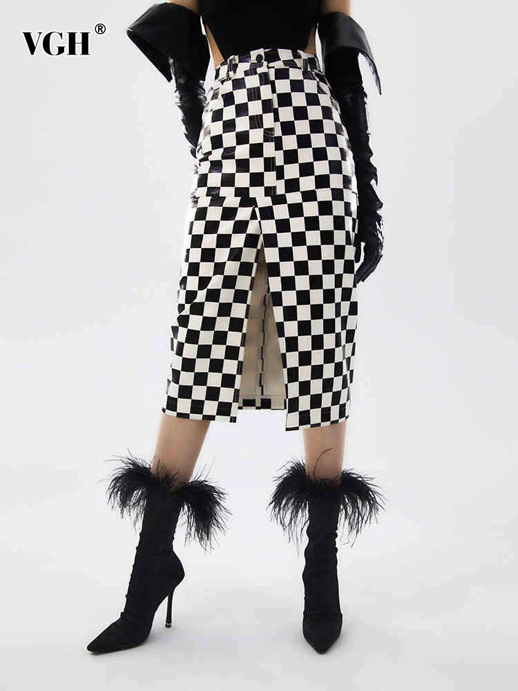 

Женская клетчатая юбка из ПУ кожи, с высокой талией и пуговицами