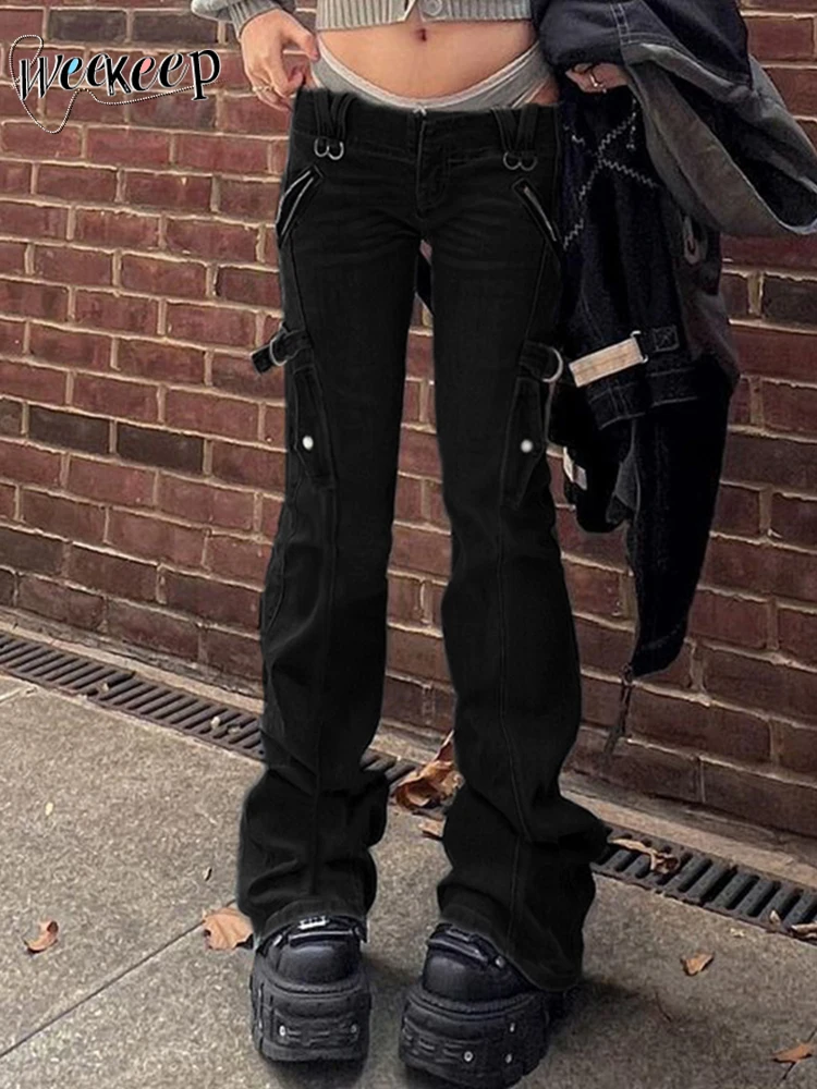 

Weekeep/Готические джинсы-карго, обтягивающие джинсы в стиле панк с низкой посадкой, черные повседневные обтягивающие расклешенные брюки, уличная одежда y2k, женские джинсы, новинка