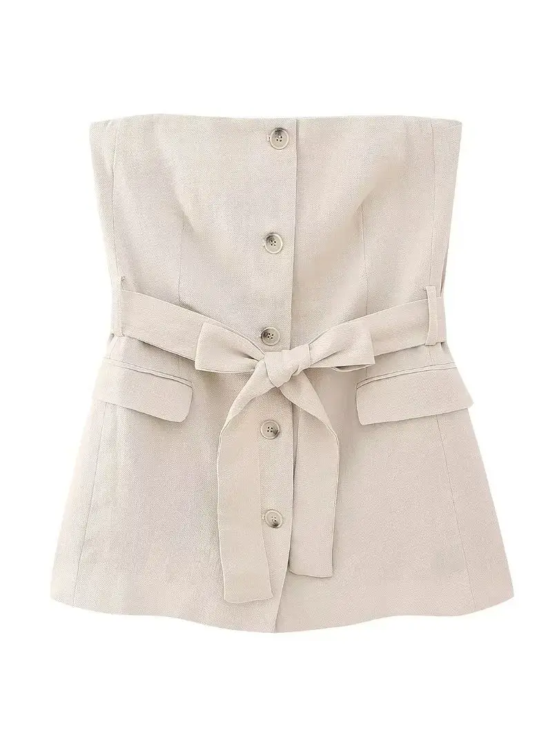 

MEIMY 2023 NEW Summer Women Solid Color Button Pockets Sashes Decoration Casual Sweet Vintage Blazer Outerwear