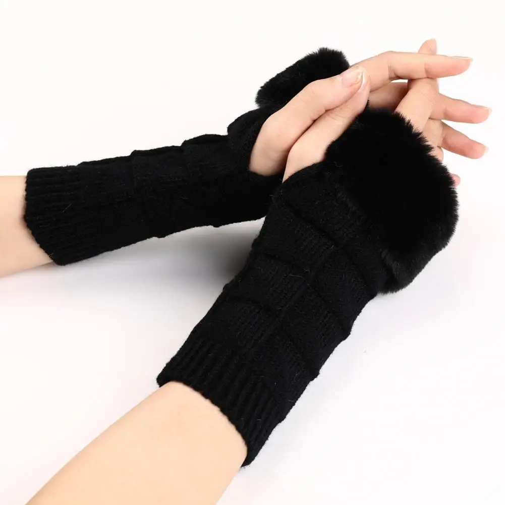 

Ladies Mittens Half Finger Furry Opening Coldproof Stretch Fingerless Mittens Autumn Winter Female Wrist Gloves for Office