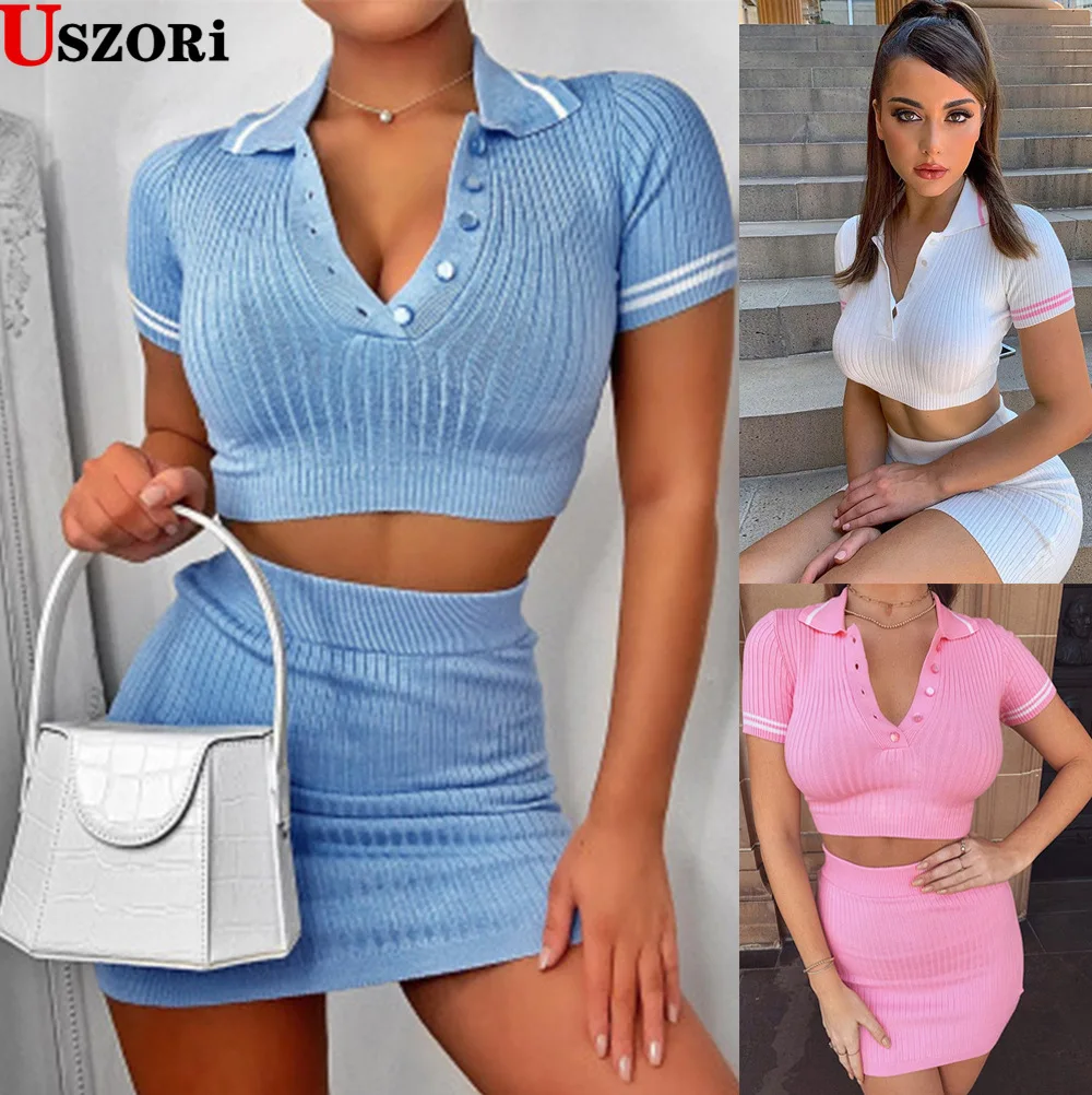 

2022 Women Spring And Summer Dress Suit New Short Sleeve Skirt Suit Sexy Two Piece Open Navel Sweater Party Skirt Set