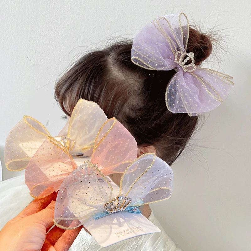 

Kids Hair Accessories Candy Color Mesh Hair Bows With Hairpin Clip Diamond Crown Princess Hairpins Headdress