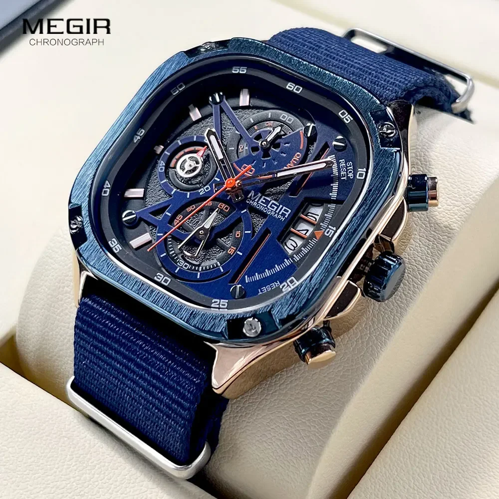 MEGIR кварцевые часы из нержавеющей стали мужские квадратный циферблат хронограф