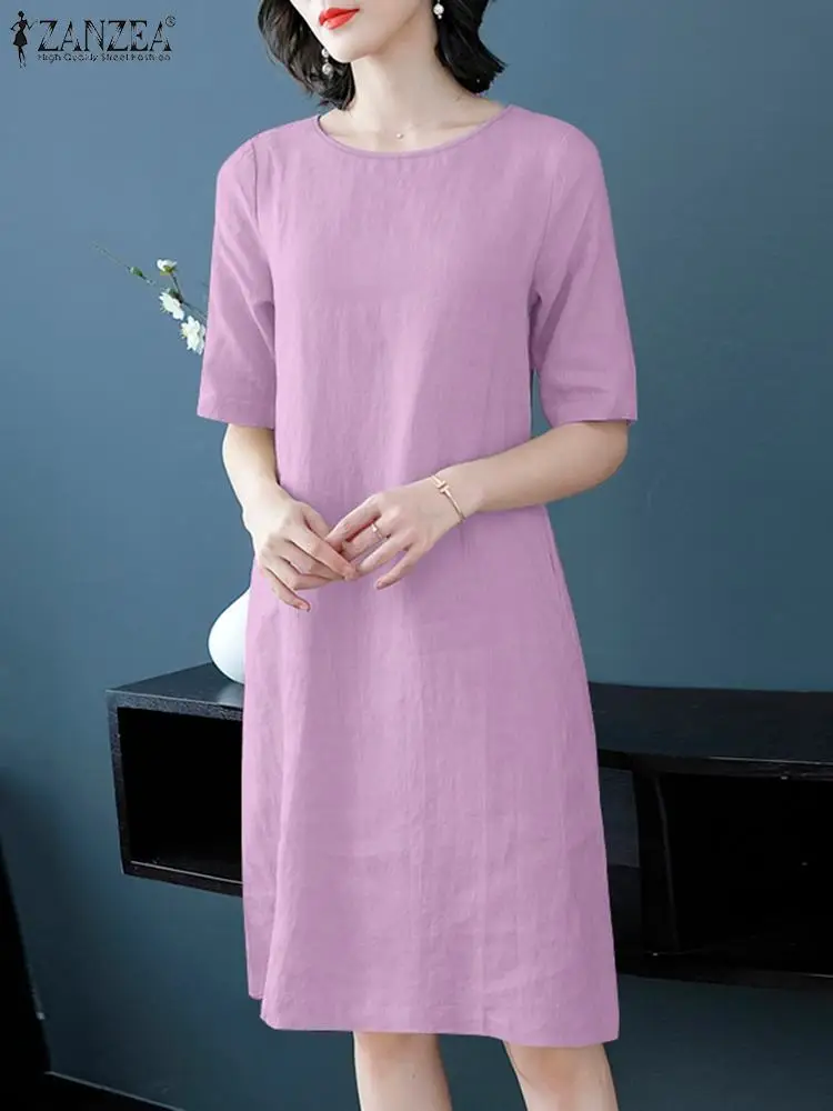 Платье ZANZEA женское с круглым вырезом однотонное хлопковое винтажное сарафан