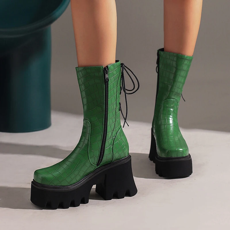 Back Lace up Women Half Knee High Boots Animal Prints Leather Thick Bottom Platform Shoes Square Heels Female Booty