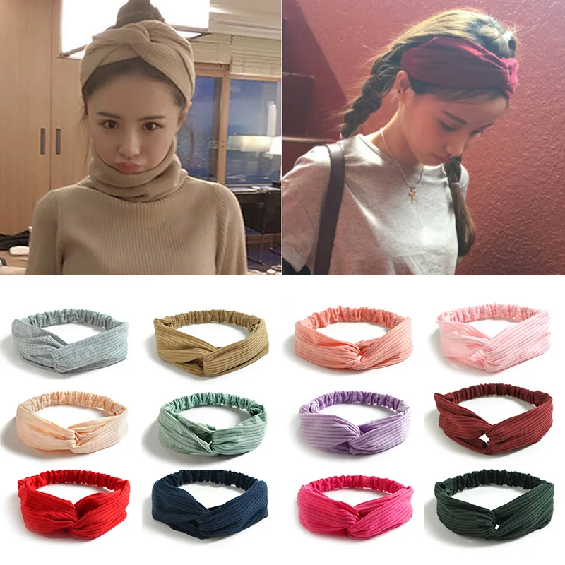 

2022 Women Solid Headbands Striped Knitted Cotton Cross Hair Accessories for Women Hairband Girl Elastic Turban Headwear