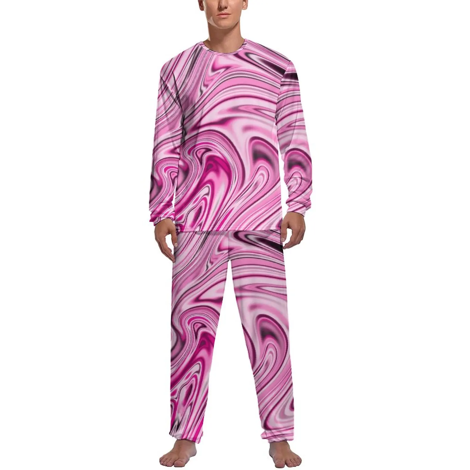

Liquid Marble Pajamas Daily Two Piece Abstract Art Print Retro Pajamas Set Men Long-Sleeve Home Custom Sleepwear
