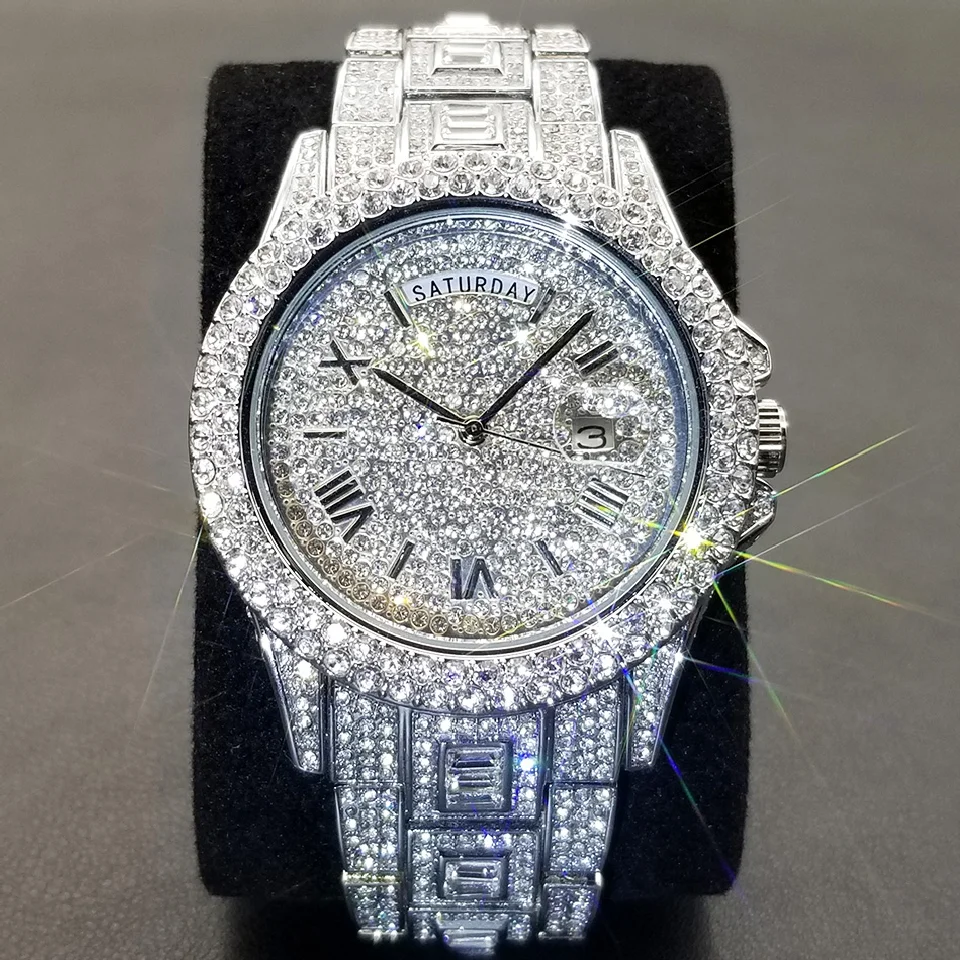 

MISSFOX New Day Date Watch For Men Luxury Full Diamond Silver Quartz Wristwatch Hip Hop Iced Out Waterproof Watches Dropshipping