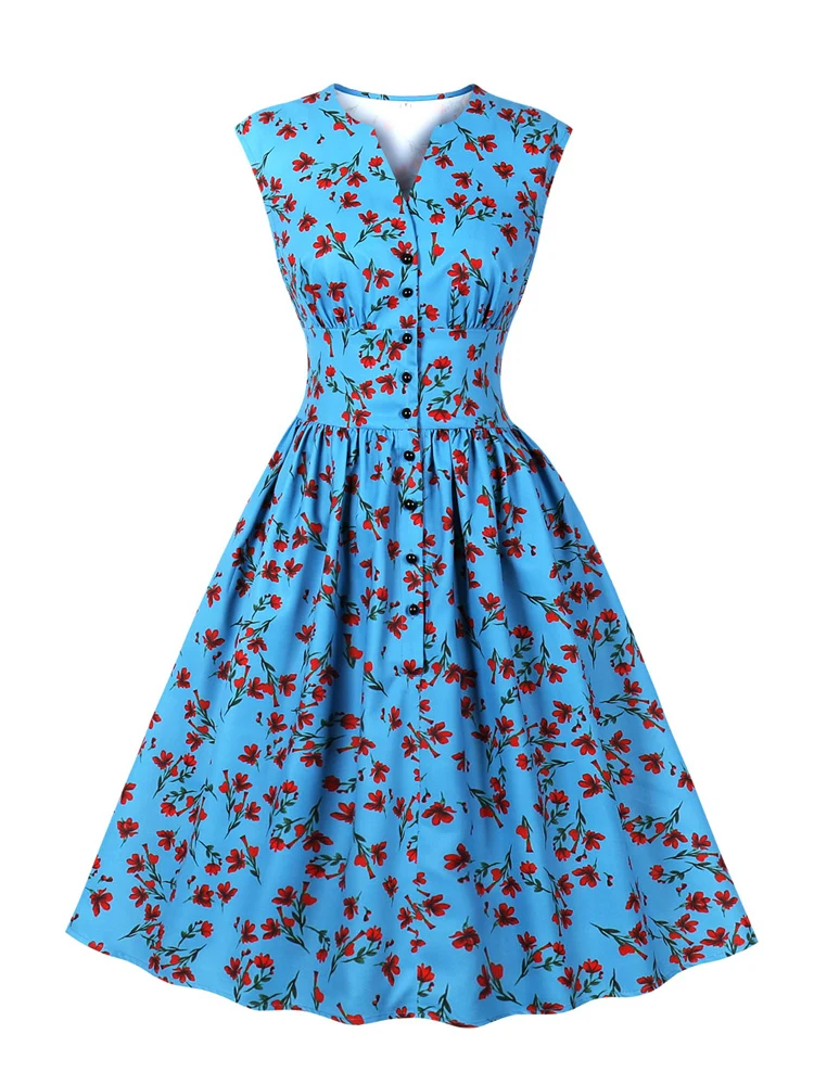 

Женское винтажное плиссированное платье, Элегантное однобортное платье с V-образным вырезом, высокой талией, цветочным принтом в стиле рокабилли 50-60-х годов, лето 2023