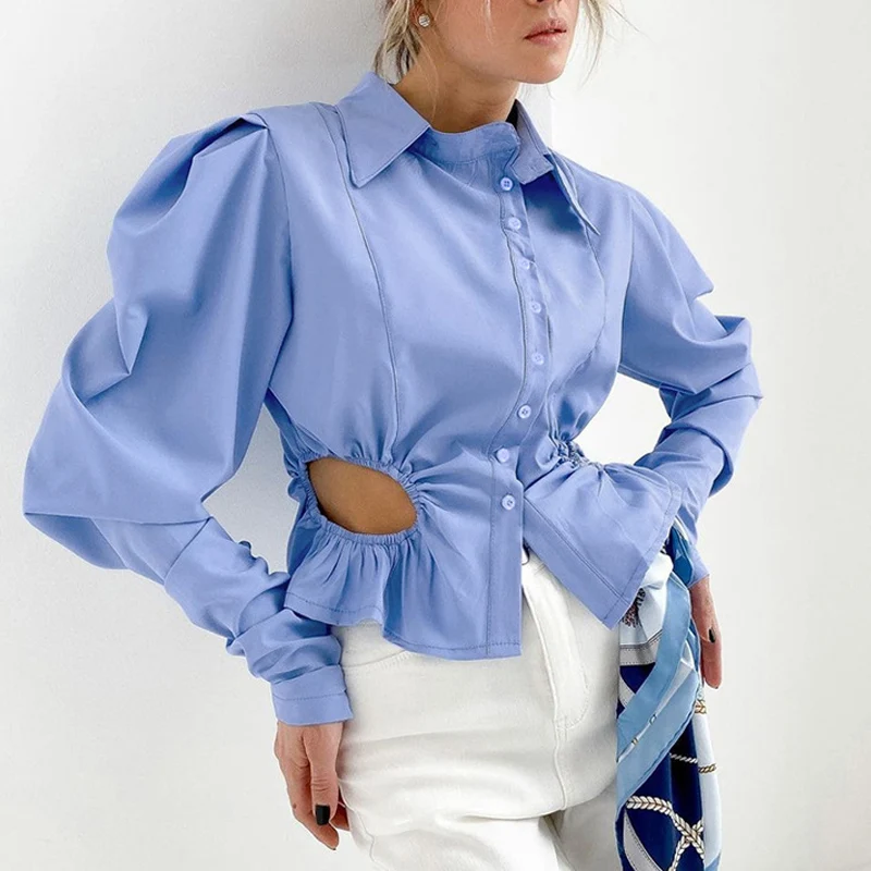 

Женская ажурная рубашка с отложным воротником, голубая или белая Повседневная Блузка с длинным рукавом в складку, осень 2021