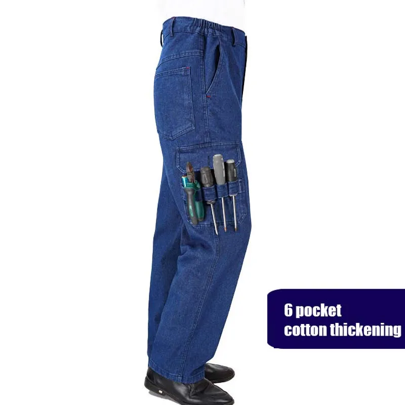 Plus Size Men's Thickened Cotton Jeans Multi-pocket Welder Anti-scalding Wear-resistant Tooling Loose Labor Insurance Pants