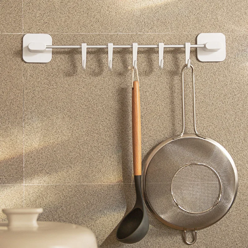 

Simple Hook Rack Kitchen Free Punching Wall Hanging White Adjustable Hanging Rod Sticky Hook Storage Rack Wall Household Rack