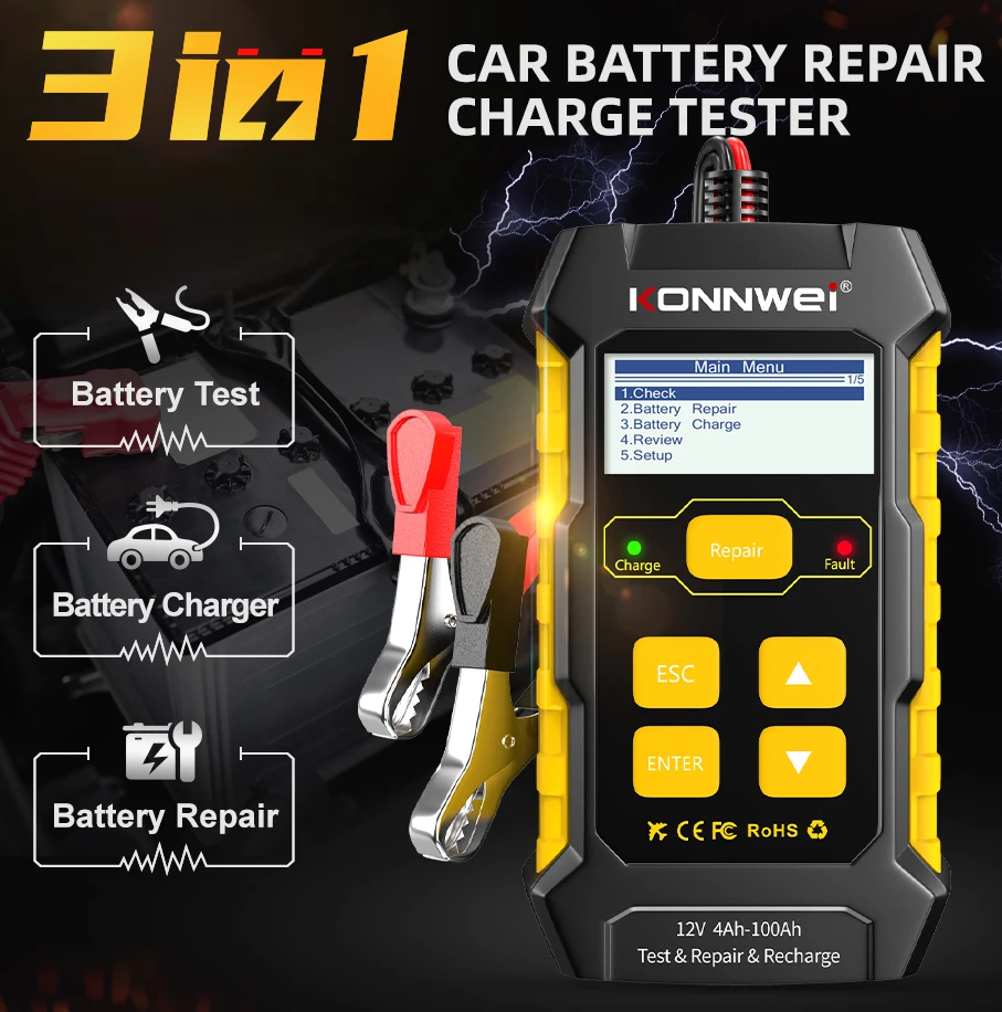 KONNWEI KW510 Car Battery Tester 12V 5A Battery Test Cranking Test Charging Test Wet Dry AGM Gel Lead Acid Car Repair Tool