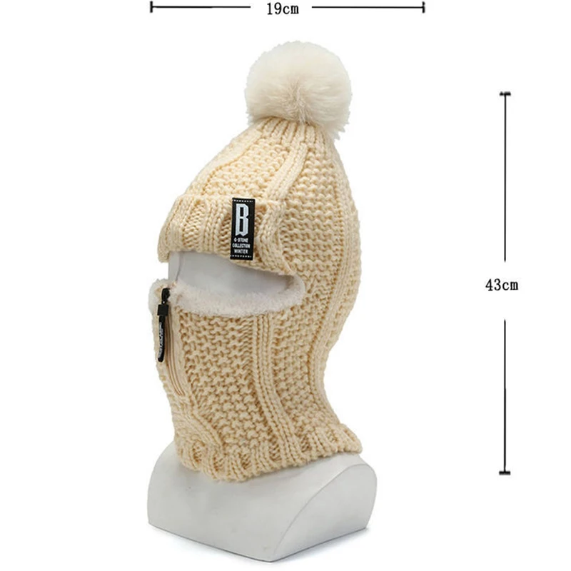 Women Wool Knitted Hat Ski Hat Sets Windproof Winter Outdoor Knit Thick Siamese Scarf Collar Warm Keep Face Warmer Beanies