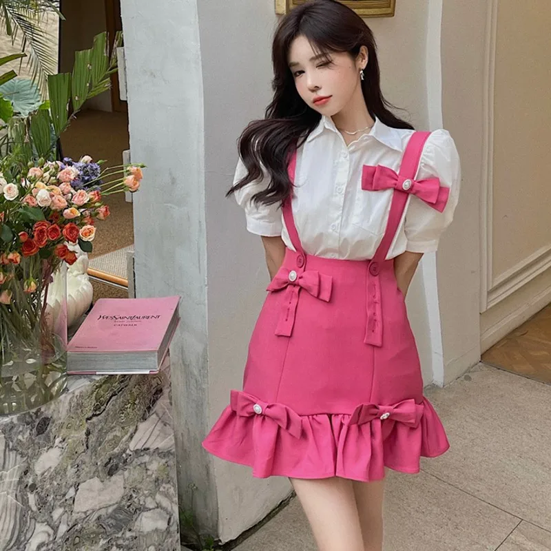 

2022 Two-Piece Set Korean Style Fashion Puff Sleeve Shirt + Bow Knot Bag Hip Strap Skirt Sets