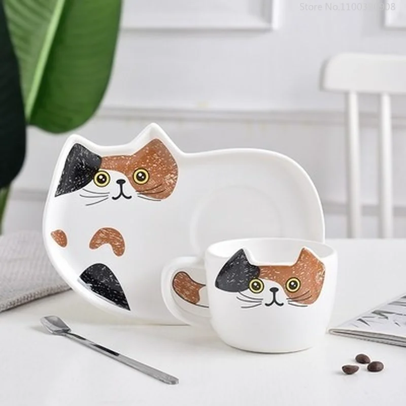 Japanese Style Cat Ceramic Coffee Cup Saucer Cartoon Cute Coffee Cup with Tray Set Afternoon Tea Office Cups Coffee Mug Canecas