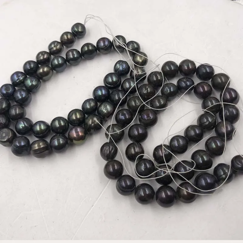 ELEISPL Lots 2 Strands 11-12mm Deep Black Freshwater Pearl Strings Near Round Potato #22010337-6