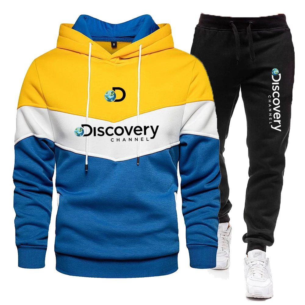 New Patchwork Discovery Channel Men's Hoodies Sweatshirt+Sweatpants Suit Autumn Winter Warm Sportswear Sets Men Hoodie Pullover