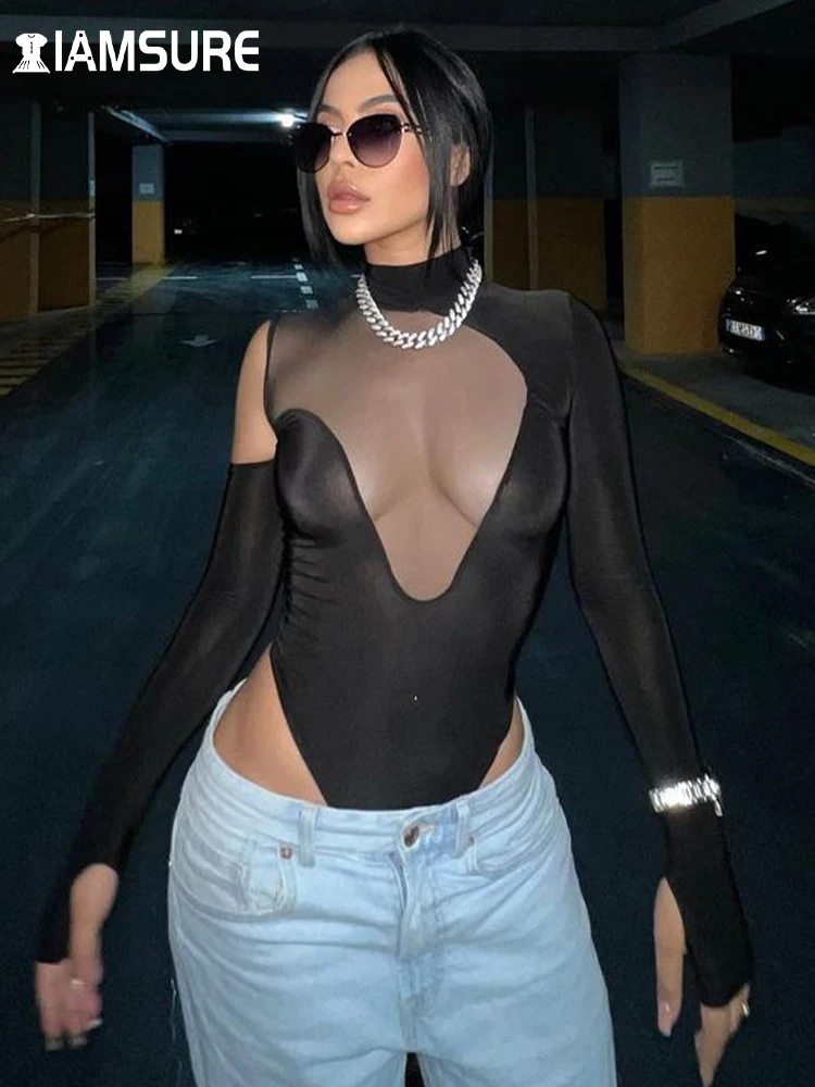 

IAMSURE Clubwear Patchwork Mesh Bodysuits See Through Sexy Slim Hollow Out Rompers Women 2023 Summer Fashion Streetwear Ladies