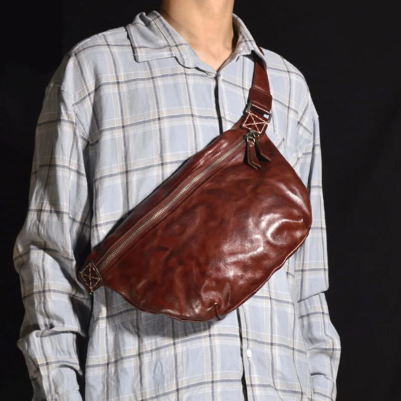 Мужская кожаная поясная сумка AETOO плиссированная вместительная через плечо для