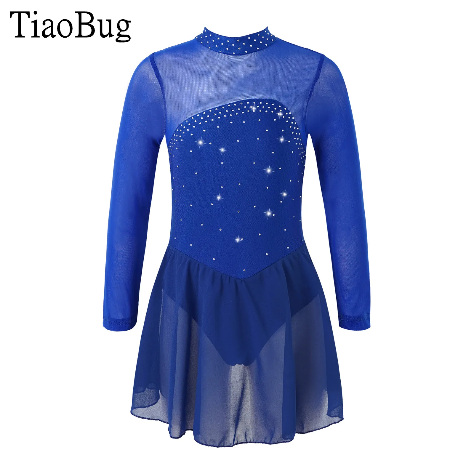 

Kids Girls Shiny Dance Leotard Dress Rhinestones Sheer Mesh Long Sleeves Figure Ice Skating Roller Skating Ballet