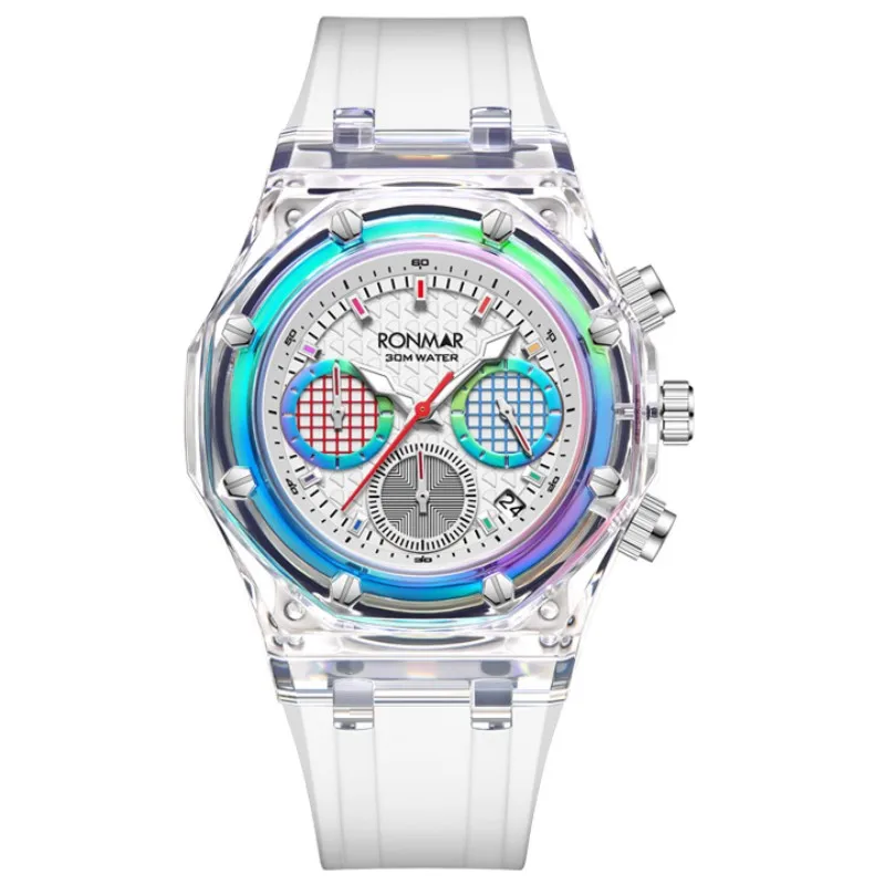 

Часы мужские кварцевые с прозрачным циферблатом и резиновым ремешком