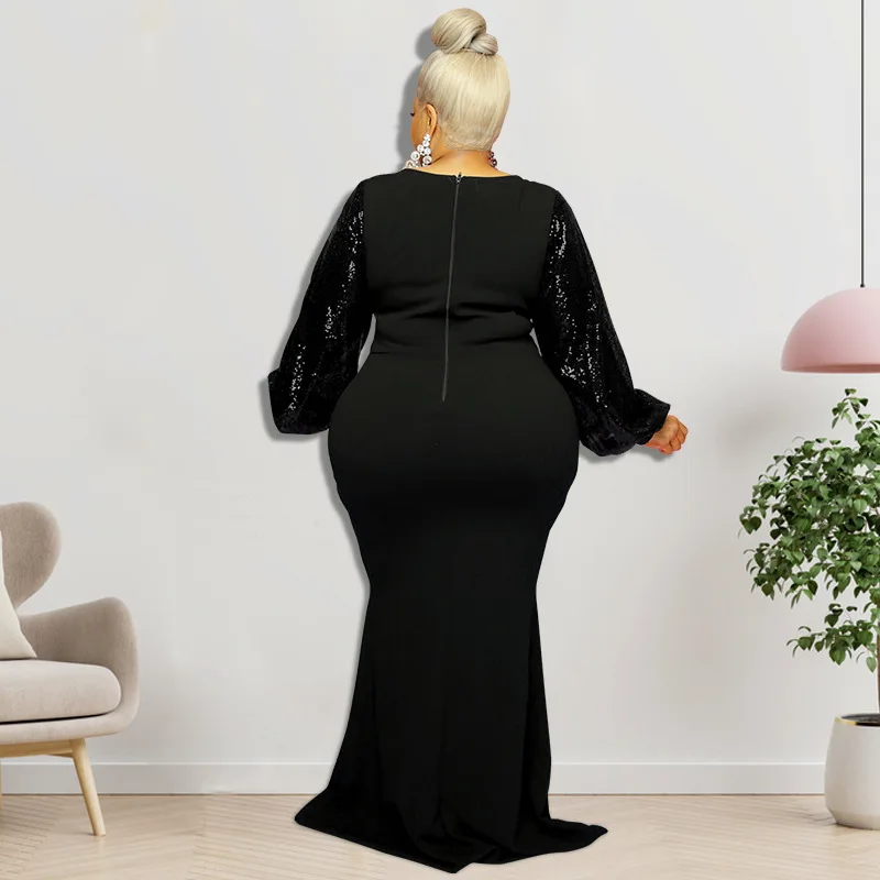 Plus Size Dresses Solid Long Sleeve Beaded Sleeve Sexy Slim Female Fishtail Skirt Long Skirt Party Dresses Evening Dresses Full