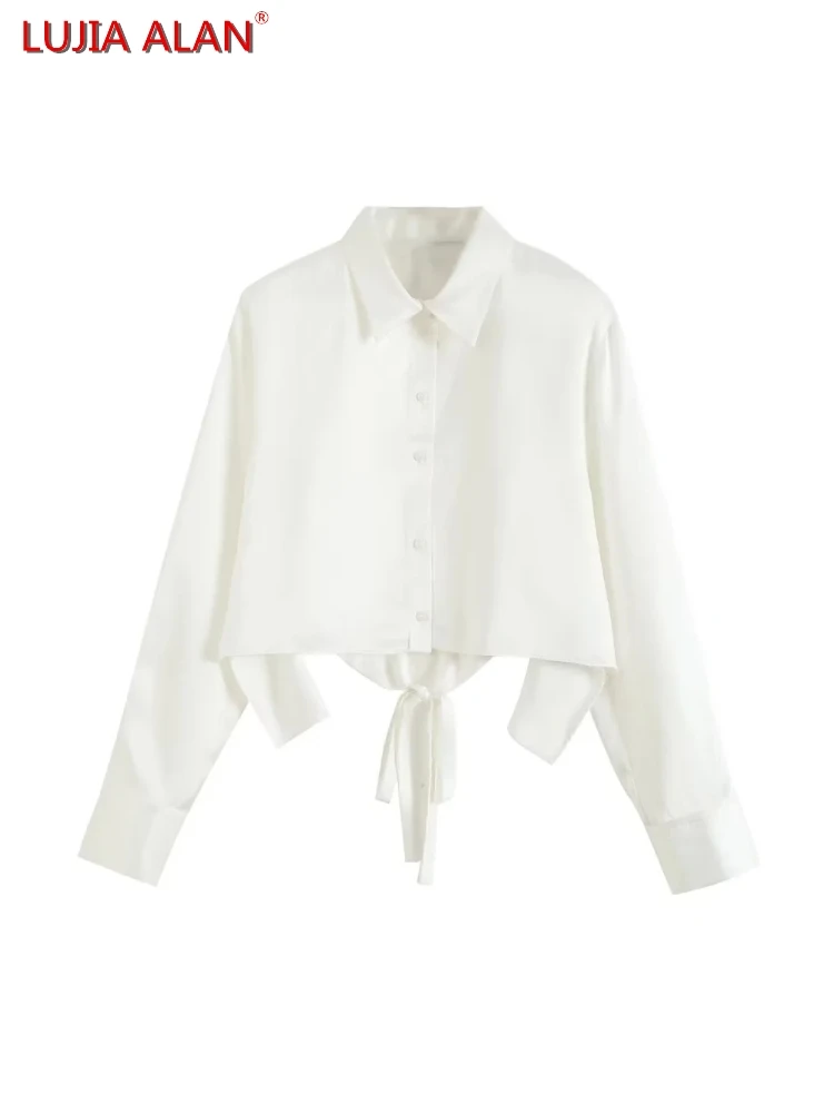 

New Women's Cloak Design White Satin Short Shirt Casual Female Long Sleeve Blouse Office Lady Loose Crop Tops LUJIA ALAN B1288