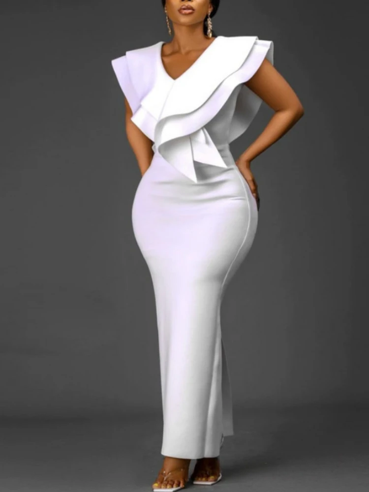 

Women White Long Dress V Neck Ruffles Sexy Party Celebrate Bodycon Event Occasion Vestidos Female Robes Night Date Out Clubwear