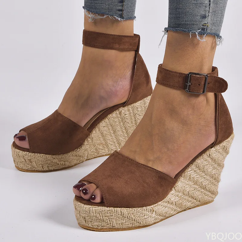 

Женские босоножки на танкетке, летние туфли-лодочки с открытым носком и ремешком с пряжкой, дышащие сандалии-гладиаторы больших размеров ...