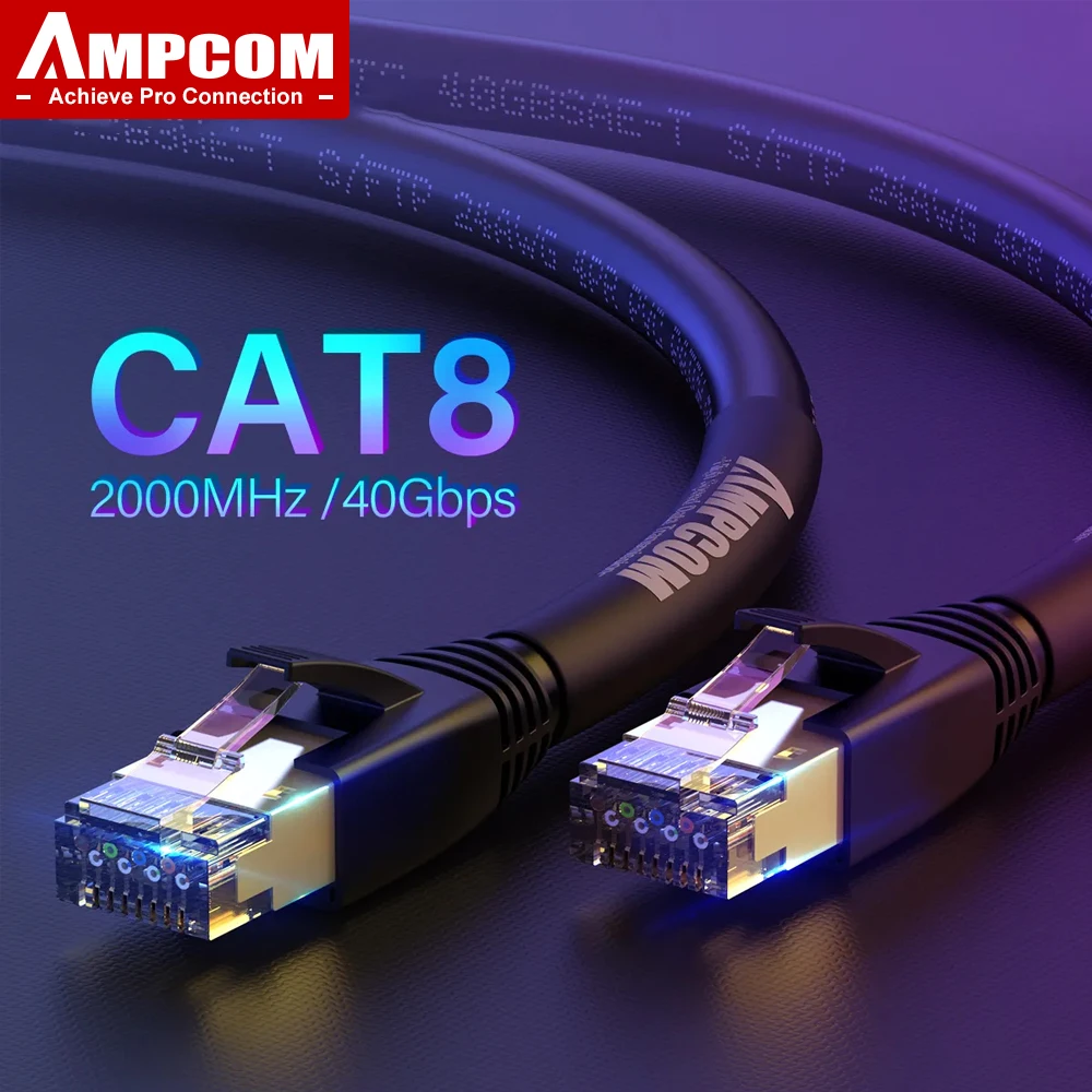 Ethernet-кабель AMPCOM S/FTP CAT8, высокоскоростной 24AWG соединительный кабель 40 Гбит/с 2000 МГц с позолоченным разъемом RJ45 для внутреннего/наружного использования